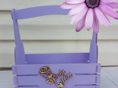 Laser Cut Wooden Decor Basket With Rose Free Vector