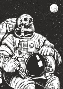 Skeleton Linocut Astronaut Print Free Vector