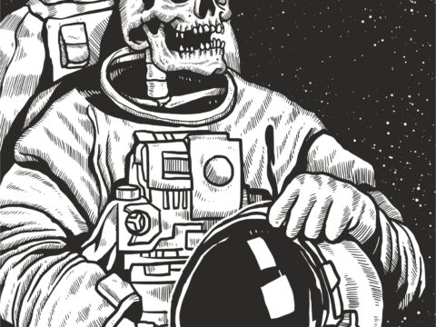 Skeleton Linocut Astronaut Print Free Vector