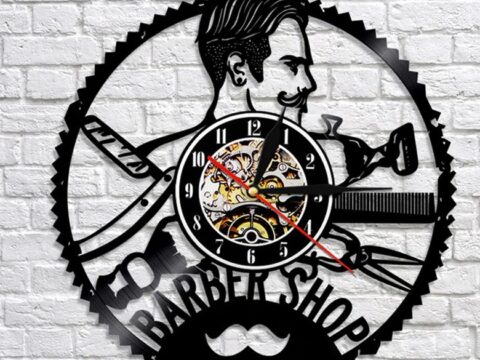 Laser Cut Barbershop Vinyl Record Wall Clock Barber Shop Decor DXF File