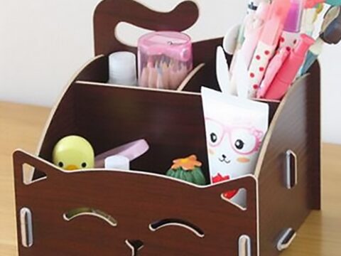 Laser Cut Cute Cat Wooden Storage Box Office Desktop Cosmetic Organizer Free Vector