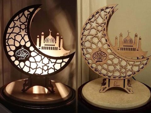 Laser Cut Wooden Ramadan Decoration Night Light Moon Free Vector