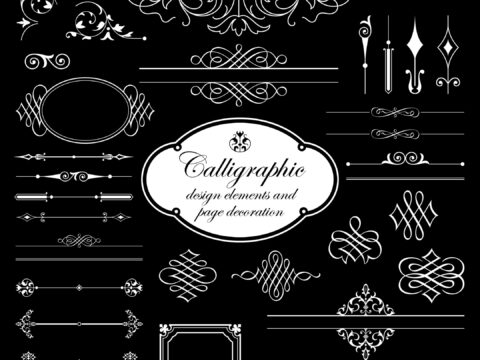 Calligraphic Elements And Page Decoration For Design Isolated On Black Background Vector Set Free Vector