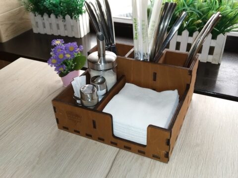 Laser Cut Wooden Cutlery And Napkin Holder With Salt And Pepper Shakers 6mm Free Vector