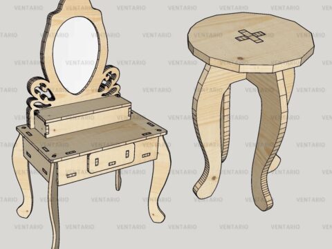 Laser Cut Dressing Table with Stool Kit Free Vector
