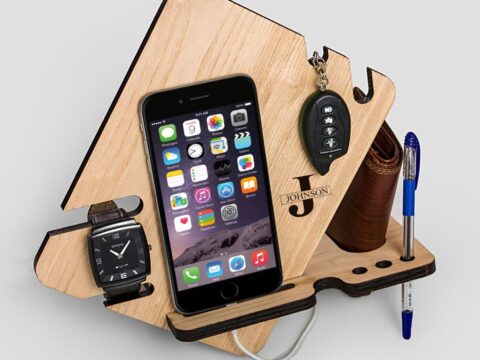 Laser Cut Wood Phone Docking Station With Key Holder Wallet Stand Watch Organizer Men Gift Free Vector