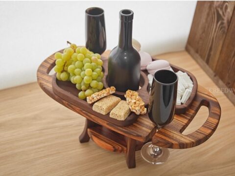 Laser Cut Wooden Wine Table And Glass Holder Free Vector