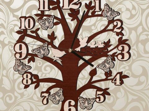 Laser Cut Tree Wall Clock With Birds And Butterflies Free Vector