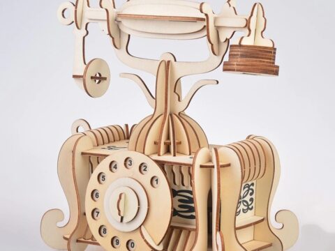 Laser Cut Old-fashioned Telephone Toy 3D Wooden Model Free Vector
