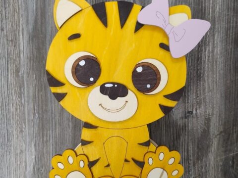 Laser Cut Cute Tiger Cub Wooden Chocolate Box Free Vector