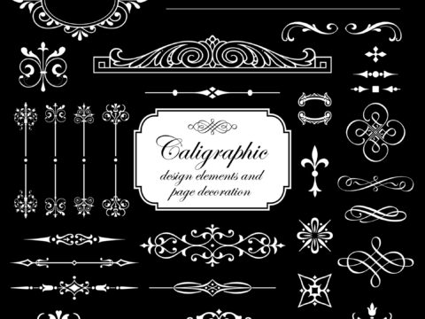 Calligraphic Elements And Page Decoration Isolated On Black Background Vector Set For Design Free Vector