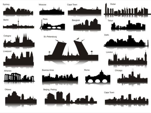 Set Of Silhouettes Of Cities Free Vector