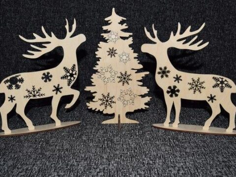 Deer At Christmas Tree Laser Cutting Plans CNC File Free Vector