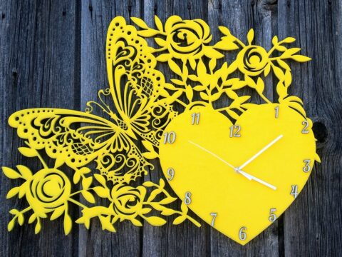 Laser Cut Decor Wall Clock With Butterfly Heart And Flowers Free Vector