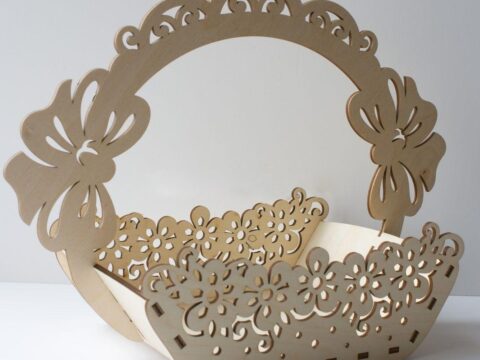 Laser Cut Wooden Decorative Basket With Handle Free Vector