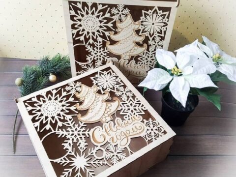 Laser Cut Wooden Christmas Eve Box Decorative Holiday Gift Box 250x250x80 Free Vector