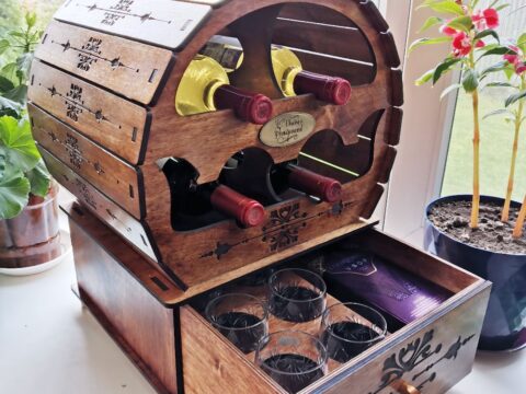 Laser Cut Wooden Barrel Minibar Wine Cabinet 6mm Free Vector