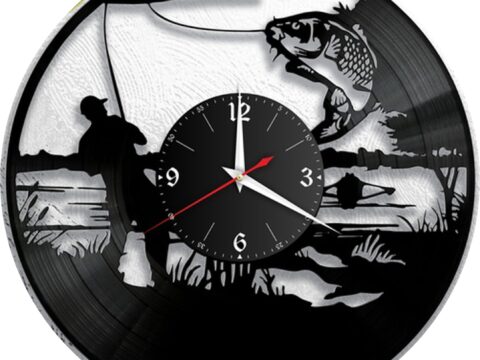 Laser Cut Fishing Vinyl Wall Clock Fisherman Men Dad Father Gift DXF File