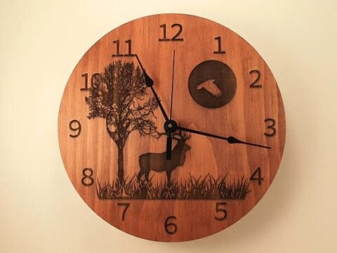 Laser Cut Deer Tree Moon Wooden Engraved Wall Clock Free Vector