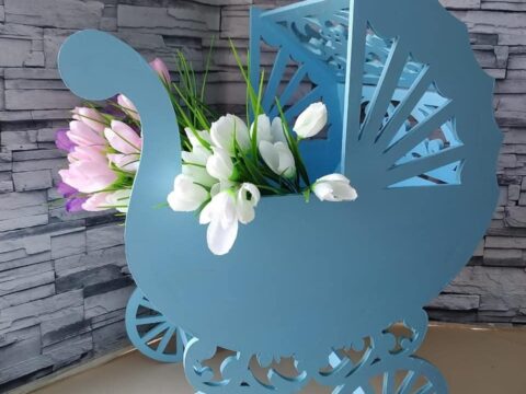 Laser Cut Baby Buggy Planter Flower Stand Free Vector