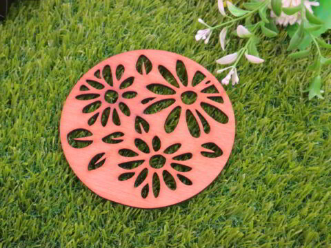 Laser Cut Round Floral Wooden Tea Coaster Free Vector