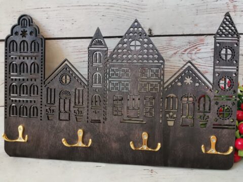Laser Cut Wooden House Shaped Key Holder Free Vector
