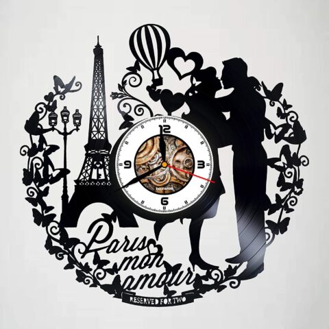 Laser Cut Paris France Mon Amour Vinyl Record Wall Clock DXF File