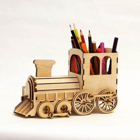 Laser Cut Steam Locomotive Pen Organizer With Piggy Bank Free Vector